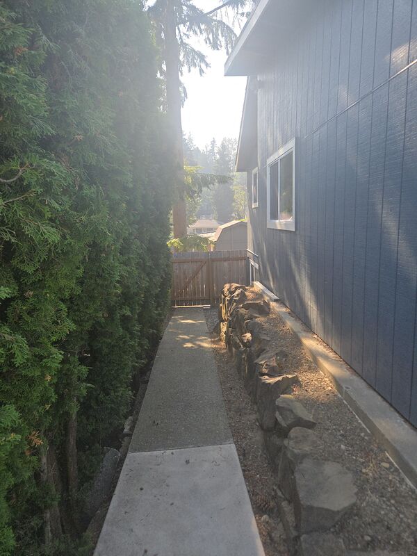 Smooth concrete walkway along the side of the house to the back yard and daylight lower level