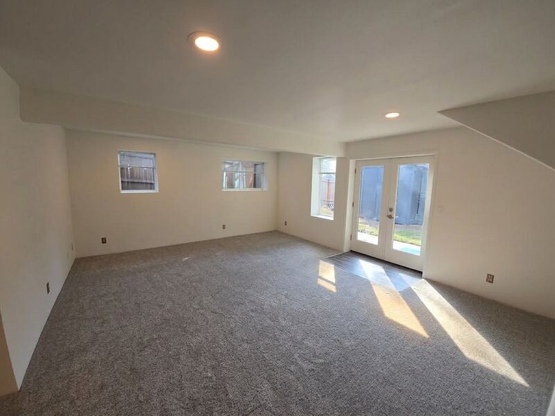 Lower-level family room with a wall of windows and French doors opening to the back yard